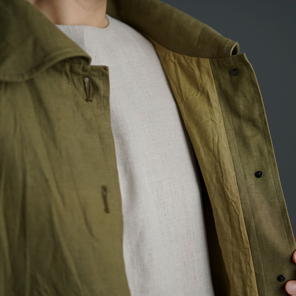 【wafu】Linen Coat 　丸襟コート /オリーブ×黄橡色(きつるばみ) h011a-olv2