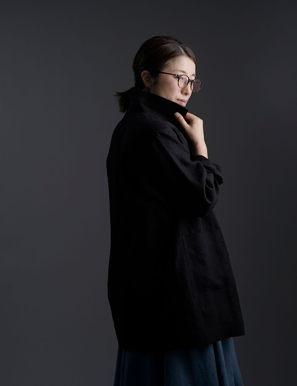 Linen Jacket　カバーオール 男女兼用 /ブラック h031c-bck2