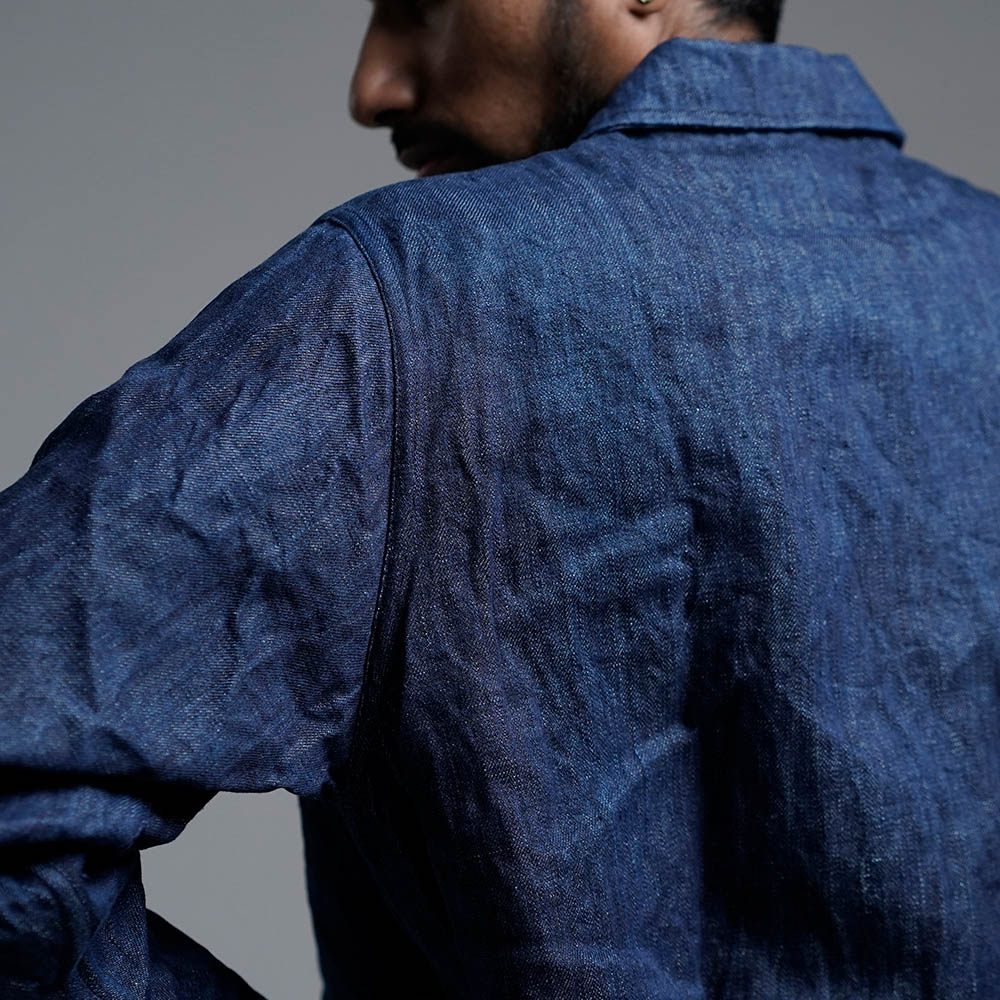 【wafu】Linen Jacket 　リネンデニム　ワークジャケット  色落ちあり 縮みも多少あり / インディゴ h031c-ind3