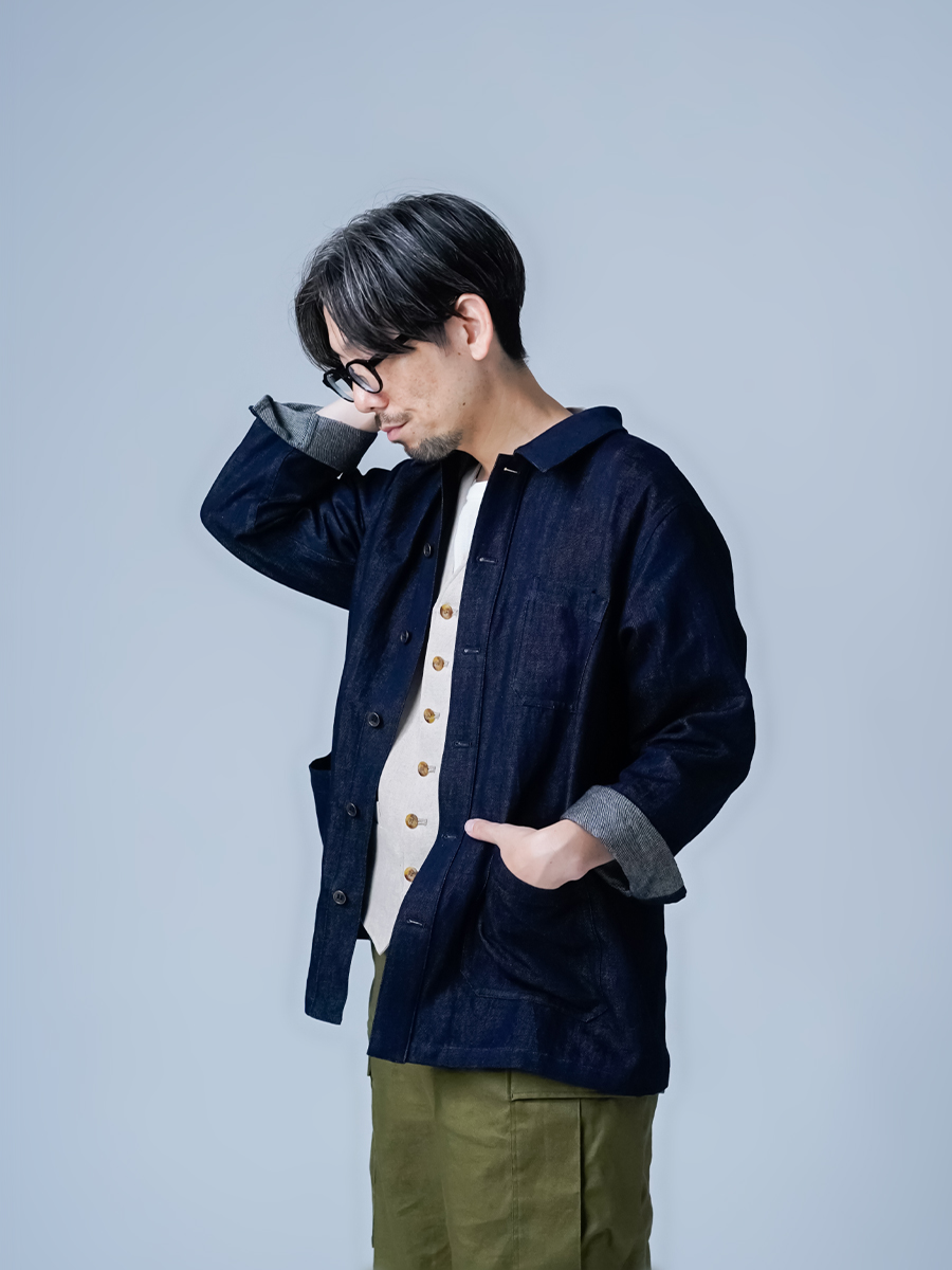 【美品】　wafu リネン　デニム　ジャケット　コート　カバーオール リネンアウター】オールシーズン使える リネンデニム