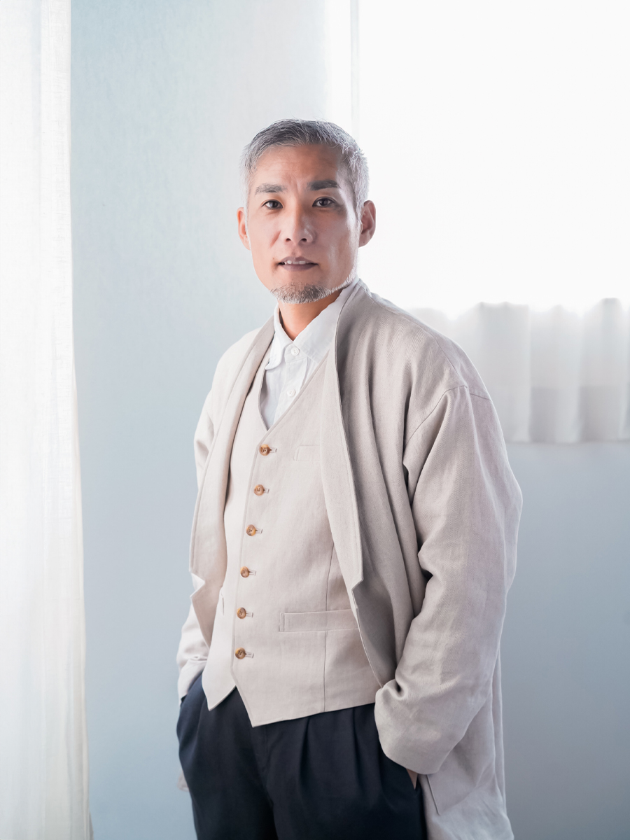 wafu ヘリンボーン織りリネン　ノーカラージャケット wafu ヘリンボーン織りリネン ノーカラージャケット