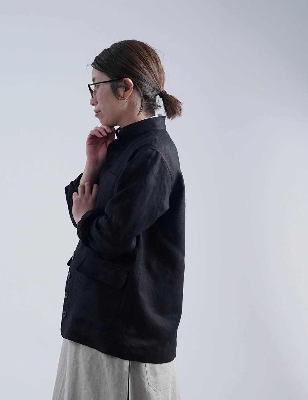 【プレミアム】Linen Jacket フレンチ ヴィンテージ ジャケット / インクブラック h040b-lbk3
