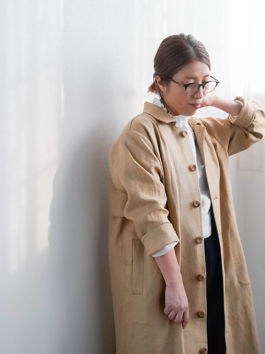 プレミアム】大人の上質アウター リネンステンカラーコート ／ ハニー