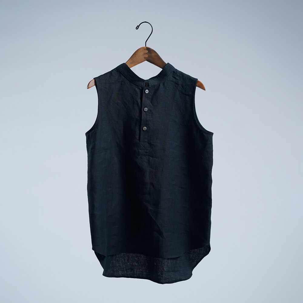 【wafu】雅亜麻 linen shirt スタンドカラー リネンシャツ インナーにも / 黒色 p005b-bck1