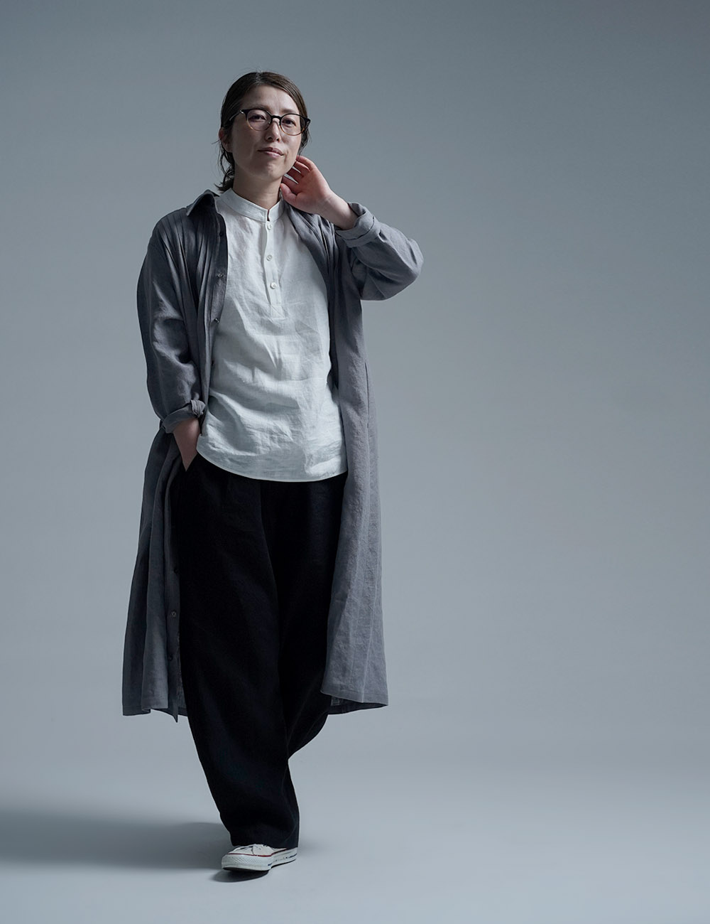 【wafu】雅亜麻 linen shirt 　スタンドカラー リネンシャツ　インナーにも /白色 p005b-wht1