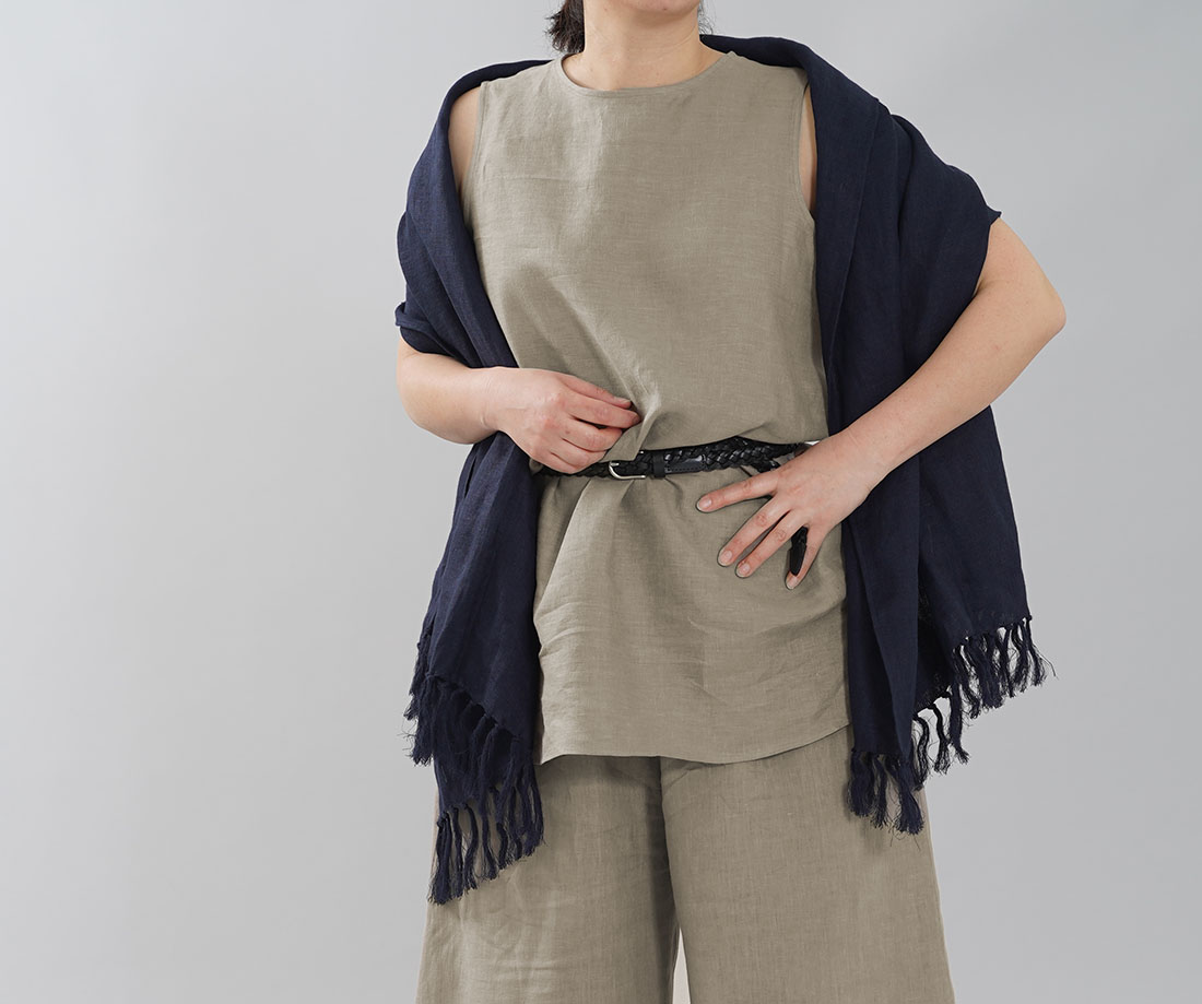 薄地 雅亜麻 リネン ノースリーブ インナー ペチコート ペチ ペチタンク 2wey 下着にも ロング丈 裾 ヘムライン / 榛色(はしばみいろ)【M-L】p011b-hbm1