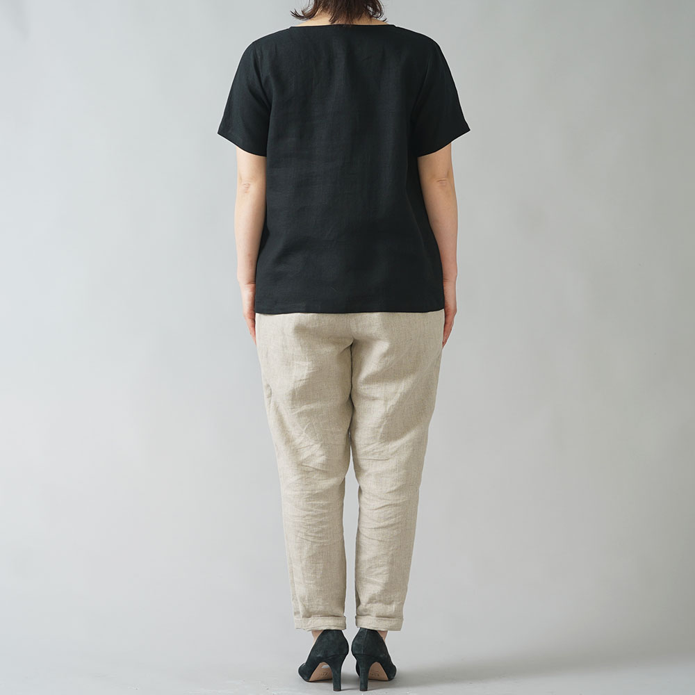 【wafu】雅亜麻リネンTシャツ インナー リネンブラウス ペチコートにも 半袖 丸首 T-shirt /黒色 p015a-bck1