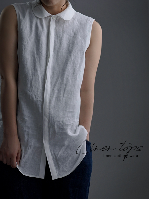 リネンシャツ】軽く やわらかい 丸襟 比翼 シャツ インナー/白色 p018a-wht1