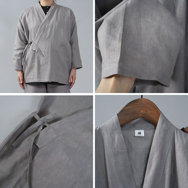 【wafu 作務衣上下セット】中厚リネン100% 寝間着や作業着にも リネン作務衣 和装 禅 羽織 リネンカーデ カーディガン 男女兼用/アッシュパール【free】r008d-asp2