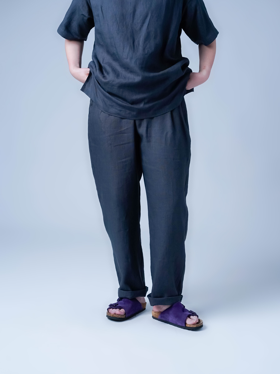 wafuリネンパジャマ　シャンブレー ルームウエア 上下セット ／ ネイビー リネンパジャマ】心と体に溶け込む やさしい着心地 リネン