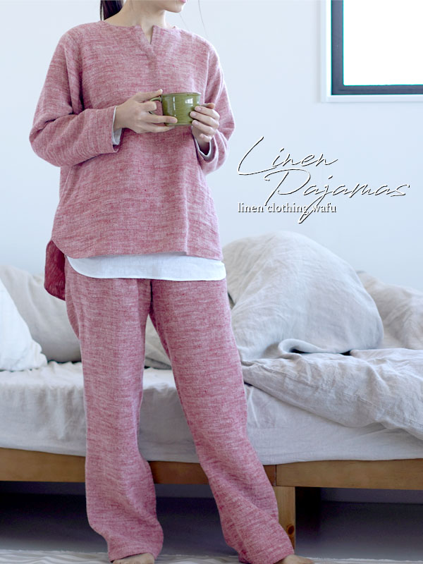 Wafu 厚地 起毛リネンパジャマ上下セット 柔らかく 暖かい 茜色 あかねいろ Free R011c Aki3