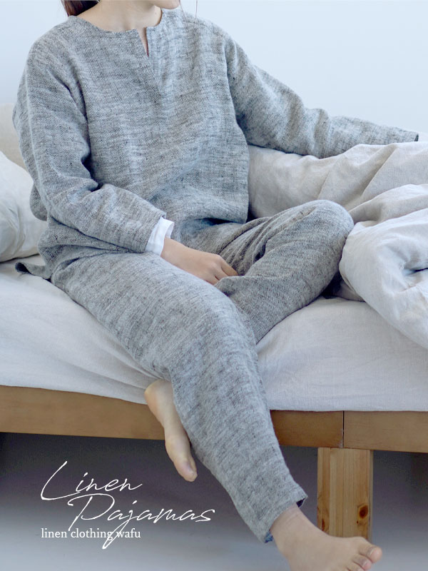 Wafu 厚地 起毛リネンパジャマ上下セット 柔らかく 暖かい 黒 生成り Free R011c Bki3