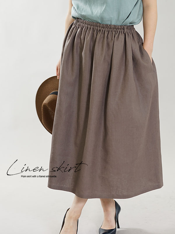 中厚 リネンスカート ギャザー 紐付き ゆったり目にも ウエストゴム ミモレ丈 膝下丈 ロングスカート ヴァンダイクブラウン M L S004b Vbn2