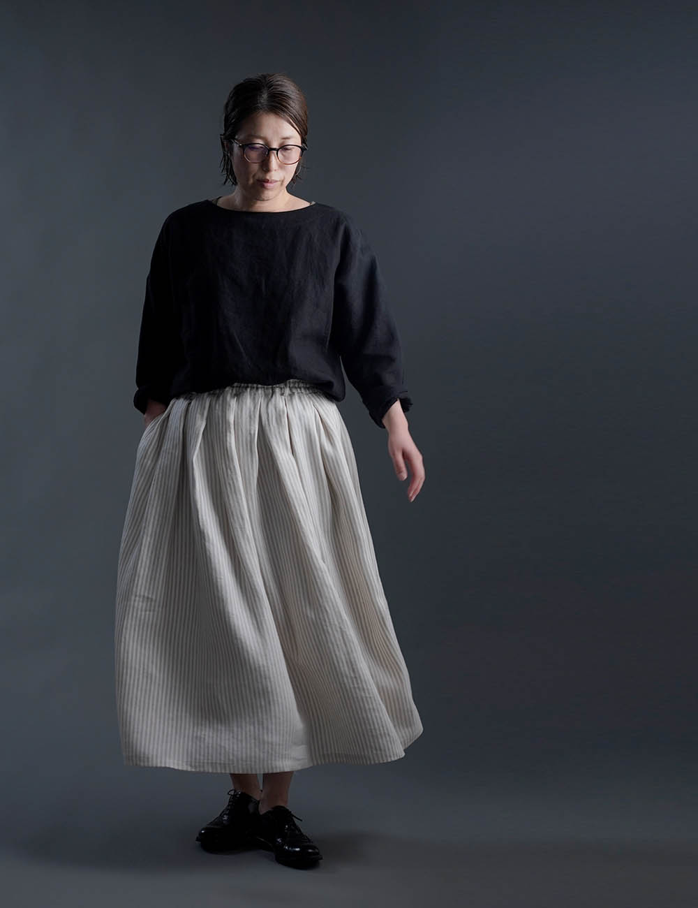 【wafu】Linen Skirt やわらか高密度ヘリンボーンストライプ スカート / ベージュ&ホワイト ストライプ柄 s020b-stp2
