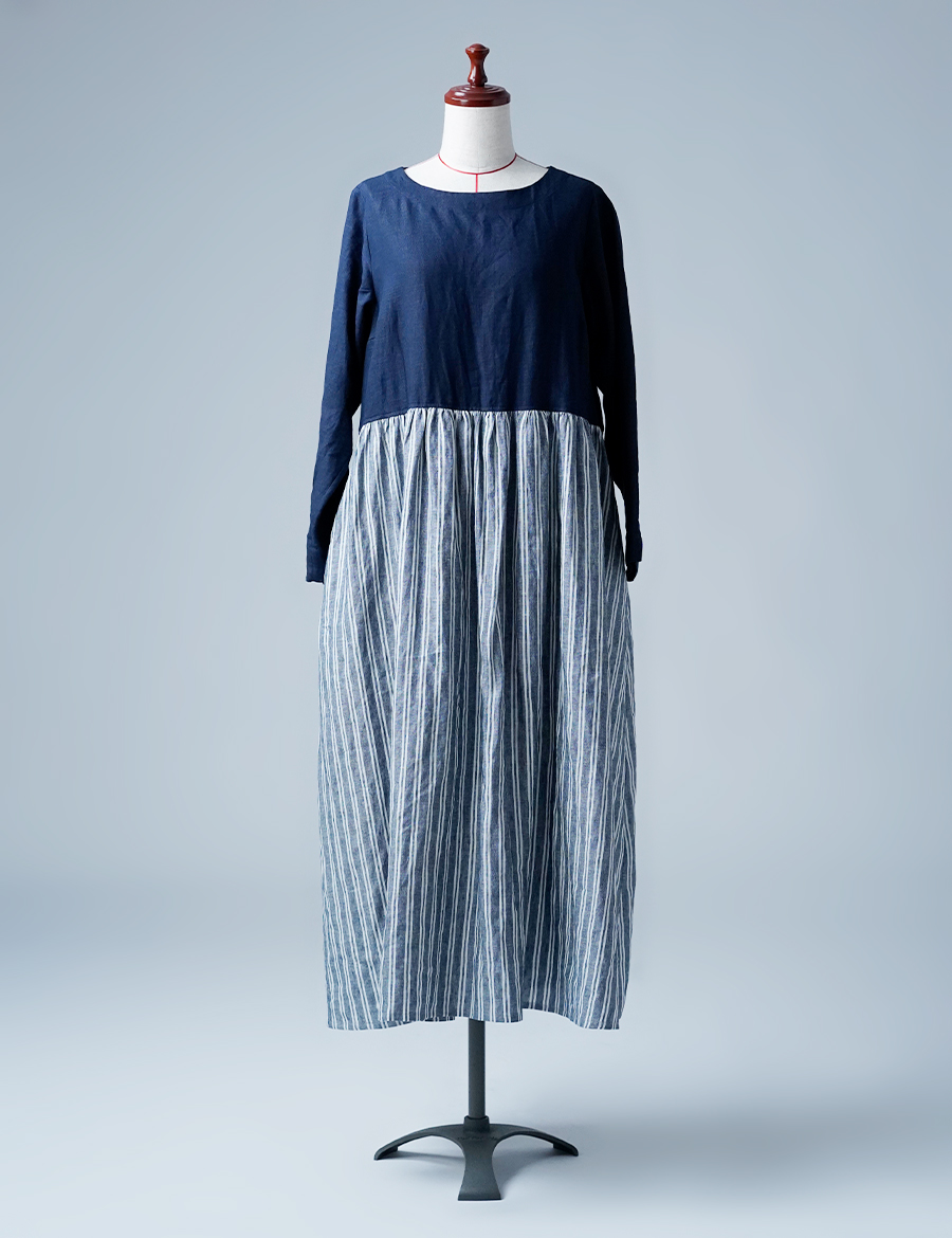 美品 今尾知子創作服 リネン 麻 ワンピース 紺 サンプル作品 美品 今尾知子創作服 リネン 麻 ワンピース 紺 サンプル作品