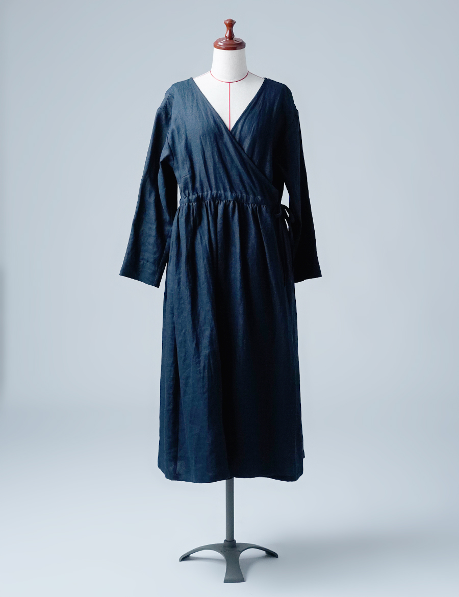 サンプル作品】リネン カシュクール ワンピース / ブルー・ドゥ