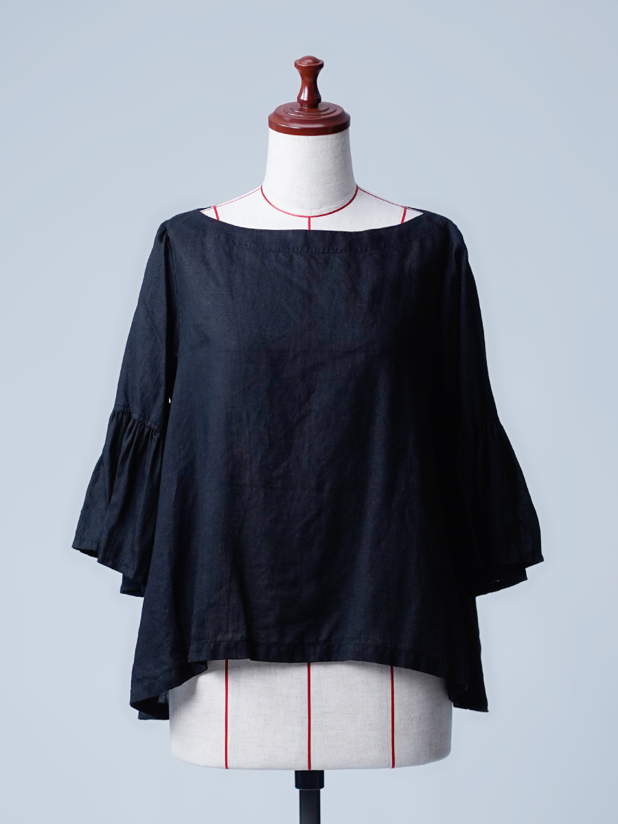 【リユース作品】リネン ボートネック フリル袖トップス / 黒色 sample-a1023