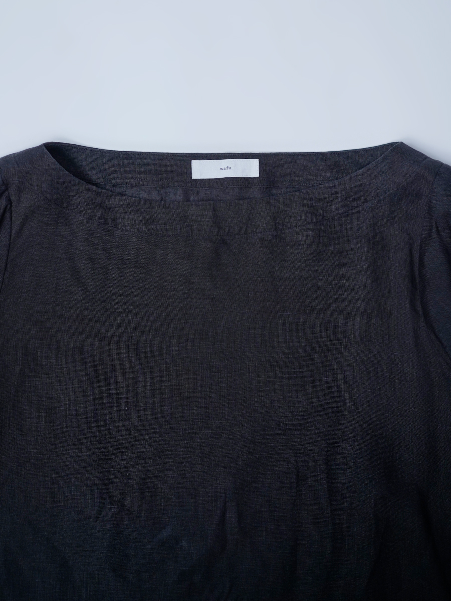 【リユース作品】リネン ボートネック フリル袖トップス / 黒色 sample-a1023