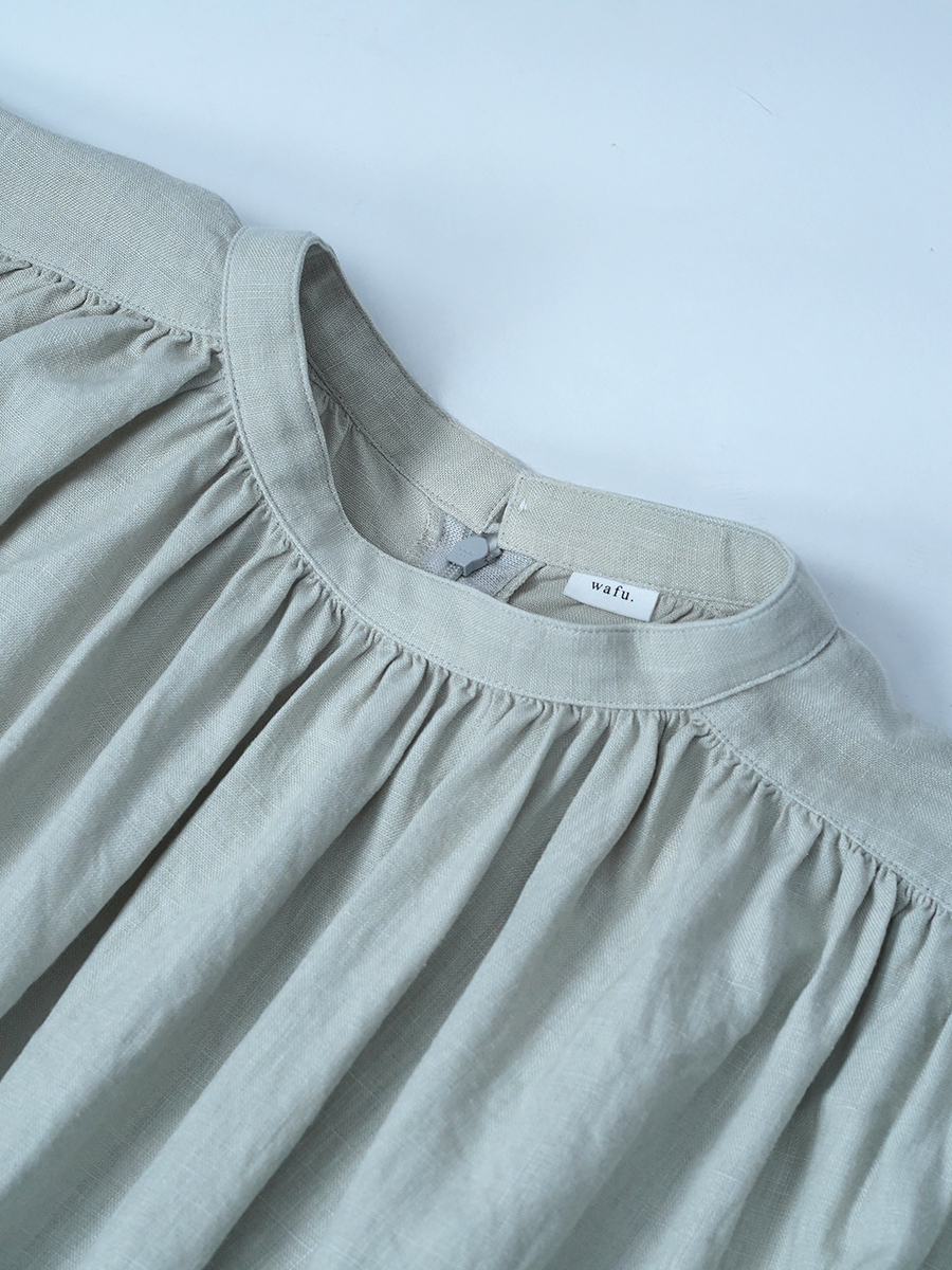 【リユース作品】リネンドレス ギャザー ロングワンピース ギャザーカフス 長袖 / 白緑(びゃくろく) sample-a1094