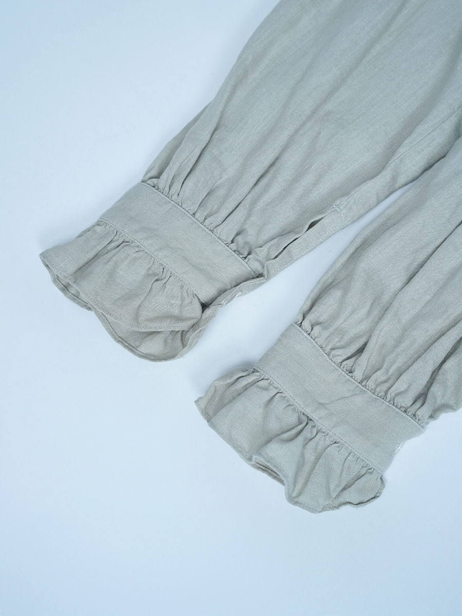 【リユース作品】リネンドレス ギャザー ロングワンピース ギャザーカフス 長袖 / 白緑(びゃくろく) sample-a1094