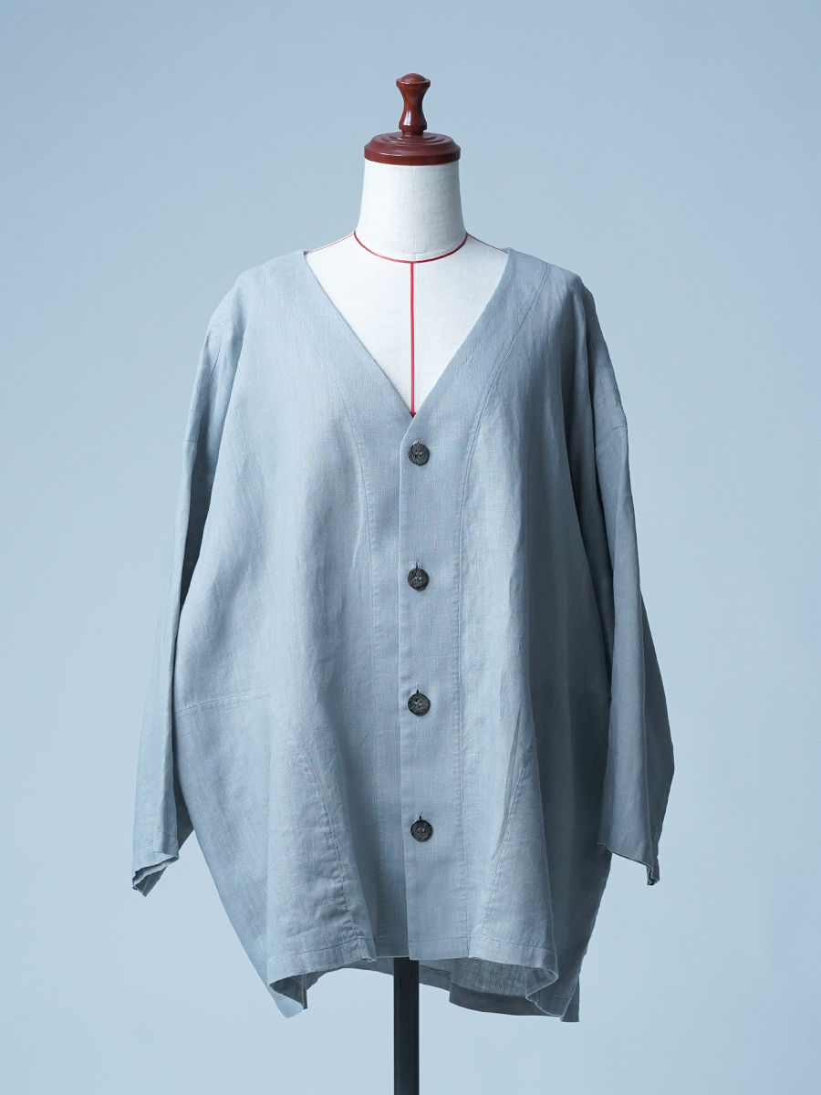【リユース作品】リネンカーディガン ゆったり リネンカーデ / 銀鼠(ぎんねず) sample-a1099