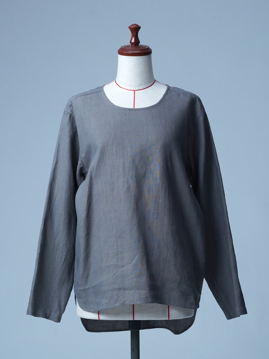 【リユース作品/Mサイズ】リネントップス 裾ラウンド 丸首 / 鈍色(にびいろ) sample-a1113
