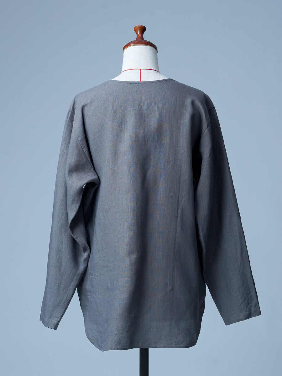 【リユース作品/Mサイズ】リネントップス 裾ラウンド 丸首 / 鈍色(にびいろ) sample-a1113