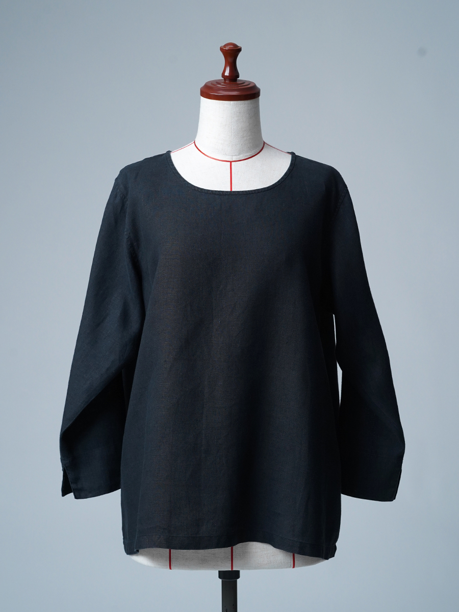 【リユース作品/LLサイズ】リネントップス 丸首 長袖トップス / 黒色 sample-a1167