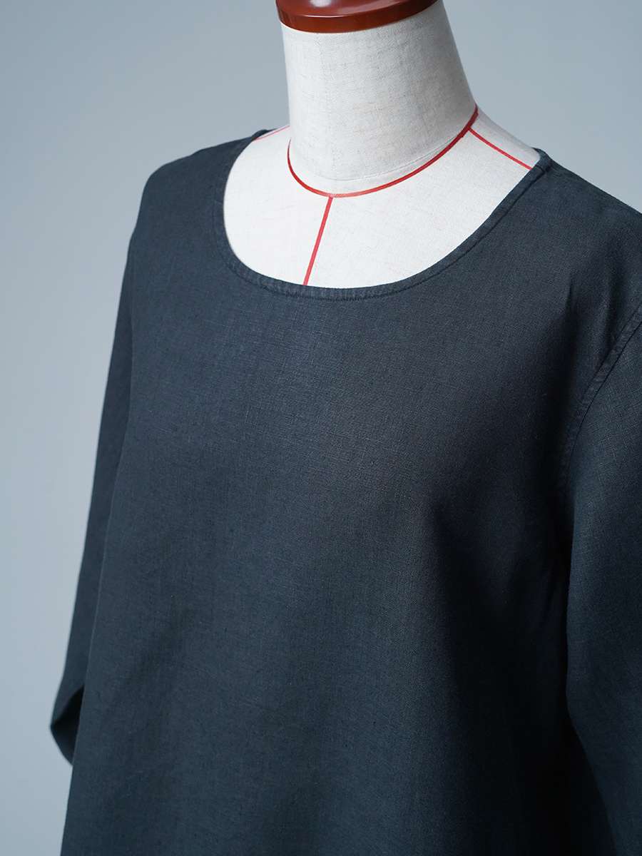 【リユース作品/LLサイズ】リネントップス 丸首 長袖トップス / 黒色 sample-a1167
