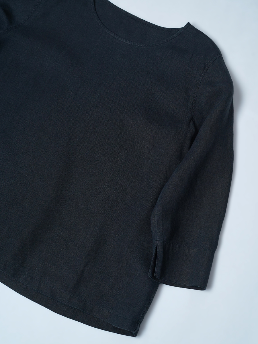 【リユース作品/LLサイズ】リネントップス 丸首 長袖トップス / 黒色 sample-a1167
