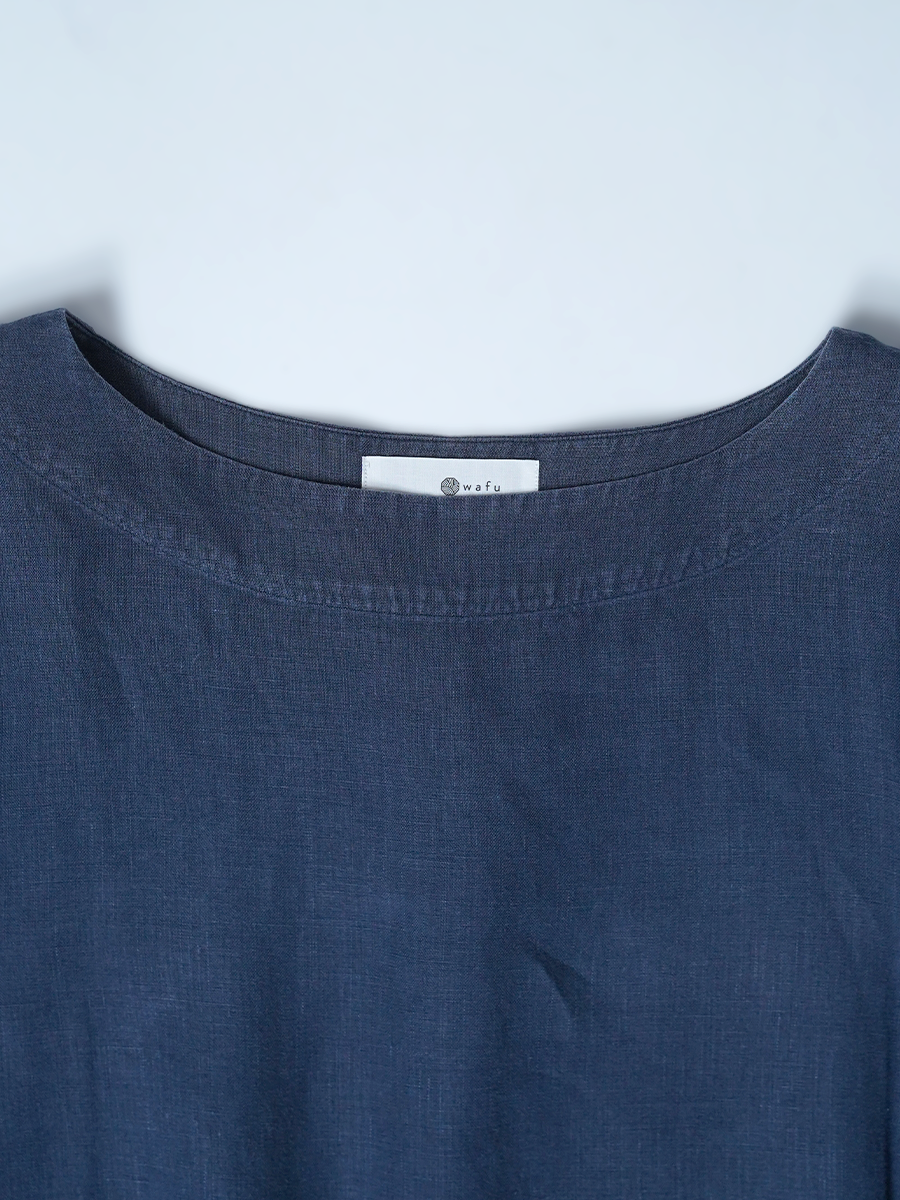 【リユース作品】リネンワンピース タック入り 五分袖 秘密のシルエット / 留紺(とめこん) sample-a1257