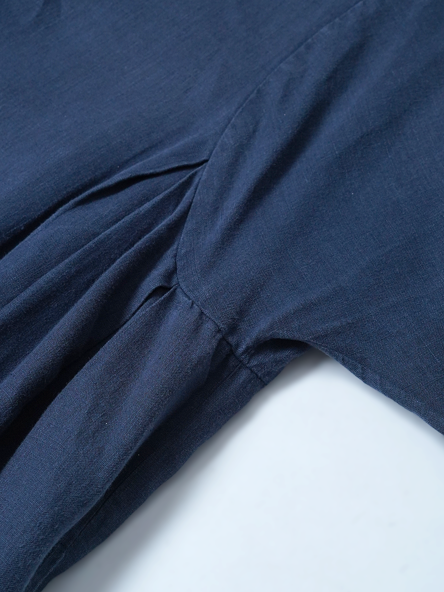 【リユース作品】リネンワンピース タック入り 五分袖 秘密のシルエット / 留紺(とめこん) sample-a1257