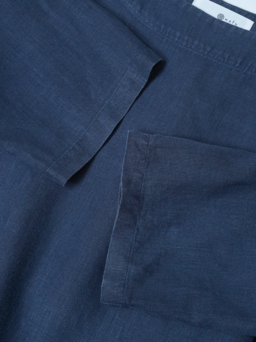 【リユース作品】リネンワンピース タック入り 五分袖 秘密のシルエット / 留紺(とめこん) sample-a1257