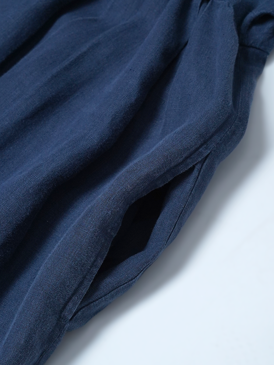 【リユース作品】リネンワンピース タック入り 五分袖 秘密のシルエット / 留紺(とめこん) sample-a1257