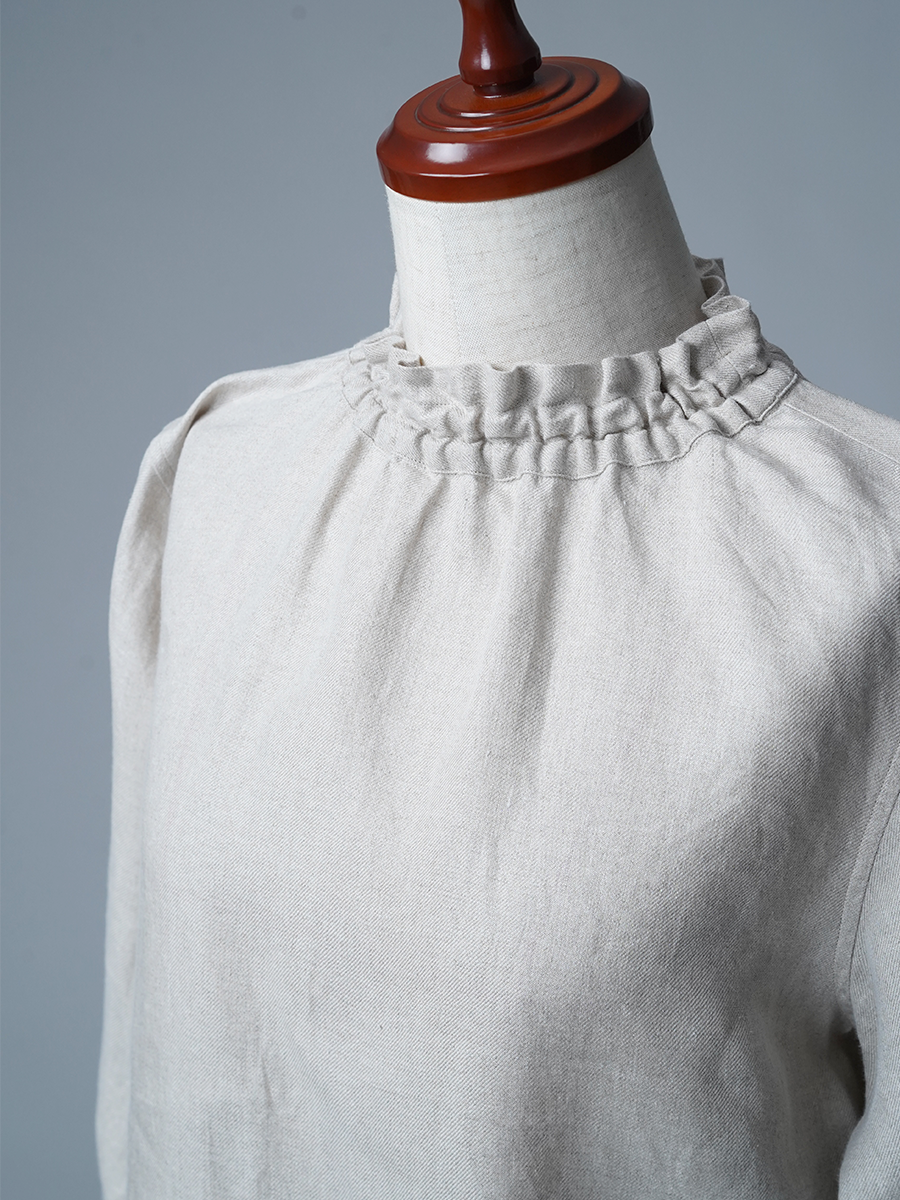 【リユース作品/Lサイズ】リネントップス シャーリング ネックトップス / フラックス sample-a1267