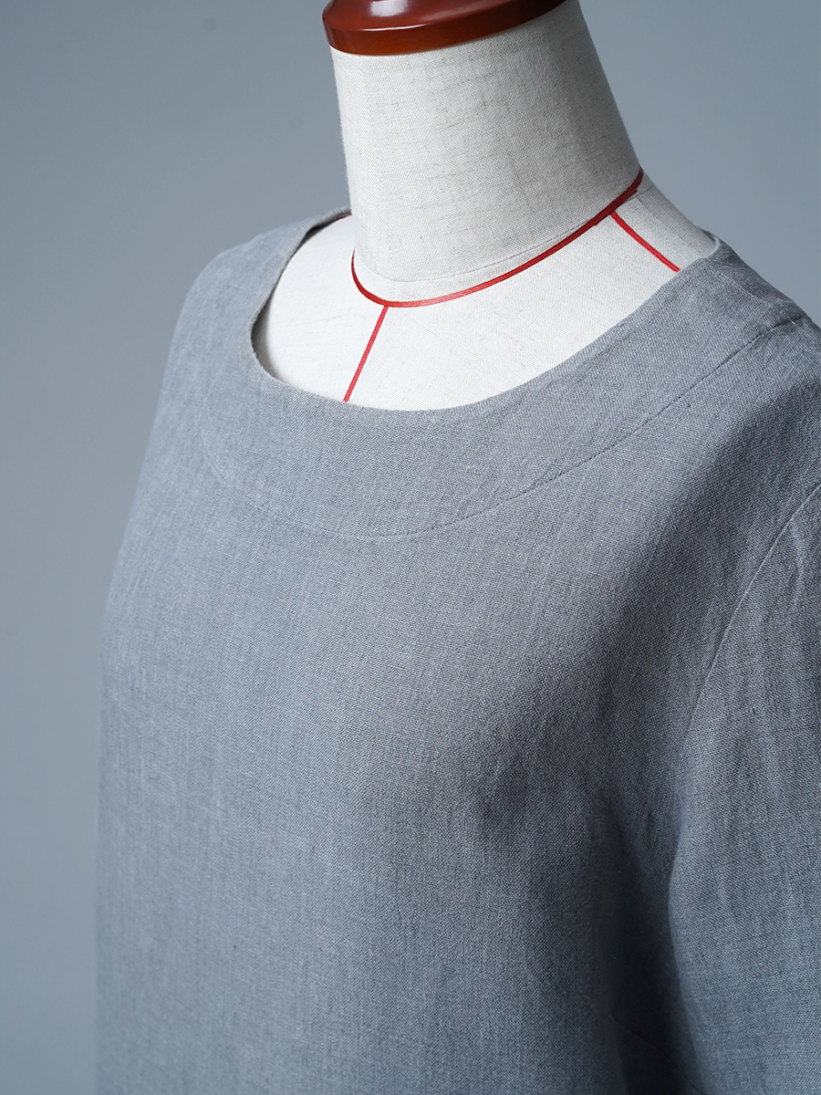 【リユース作品】リネンワンピース ロングワンピース 長袖 クルーネック / 鈍色(にびいろ) sample-a1268