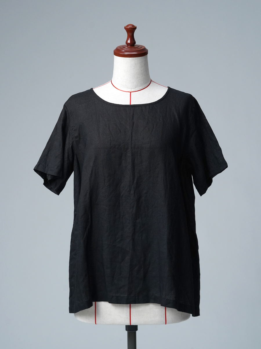 【リユース作品/Lサイズ】リネントップス 半袖 丸首 トップス / 黒色 sample-a1303