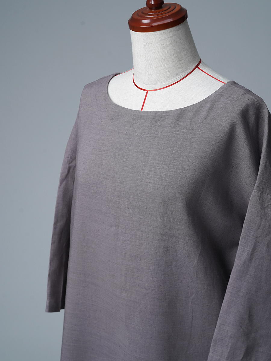 【リユース作品】リネンドレス リネンワンピース ゆったりAライン スリット入り / 茶鼠(ちゃねずみ) sample-a1304
