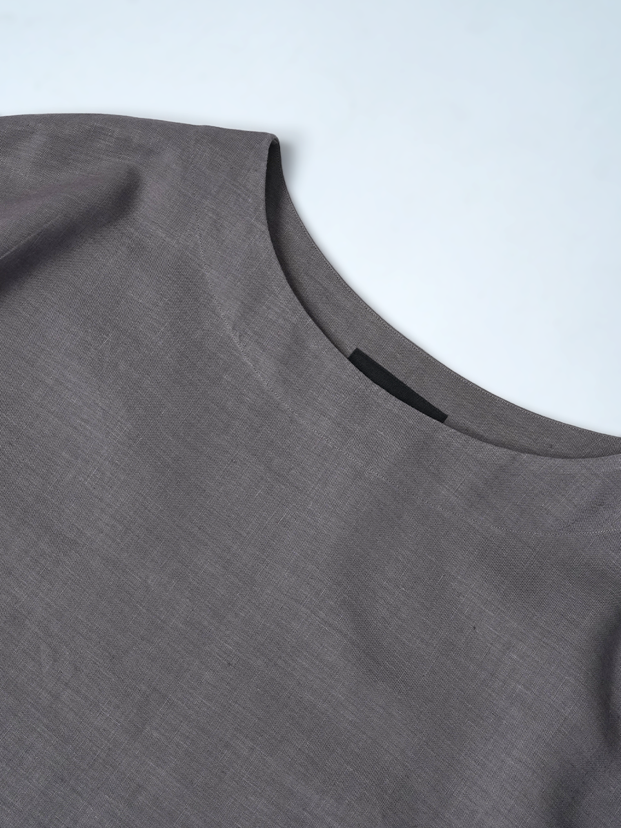 【リユース作品】リネンドレス リネンワンピース ゆったりAライン スリット入り / 茶鼠(ちゃねずみ) sample-a1304