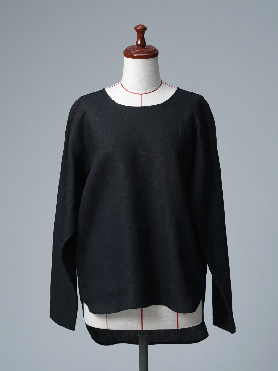 【リユース作品/Mサイズ】リネントップス 丸首 長袖 裾ラウンド / 黒色 sample-a1311