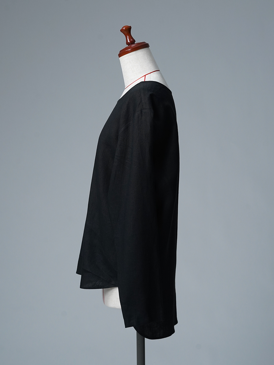 【リユース作品/Mサイズ】リネントップス 丸首 長袖 裾ラウンド / 黒色 sample-a1311