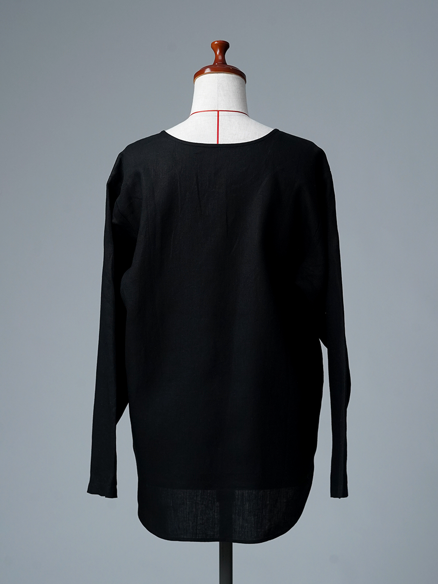 【リユース作品/Mサイズ】リネントップス 丸首 長袖 裾ラウンド / 黒色 sample-a1311