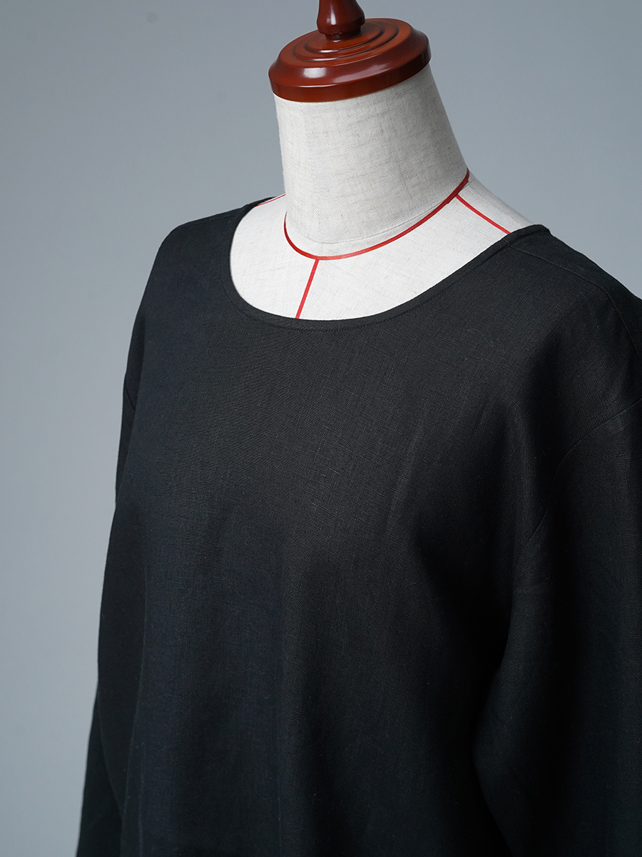 【リユース作品/Mサイズ】リネントップス 丸首 長袖 裾ラウンド / 黒色 sample-a1311