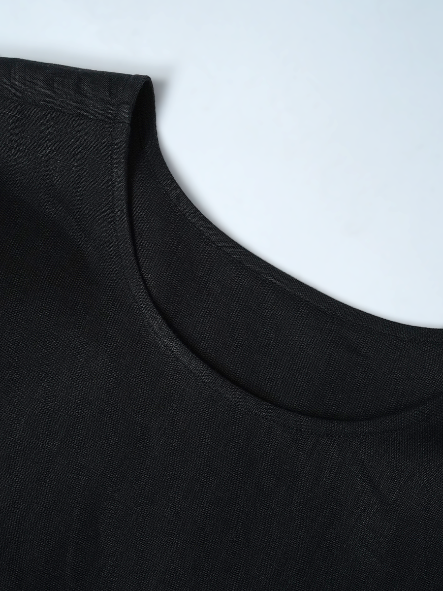 【リユース作品/Mサイズ】リネントップス 丸首 長袖 裾ラウンド / 黒色 sample-a1311
