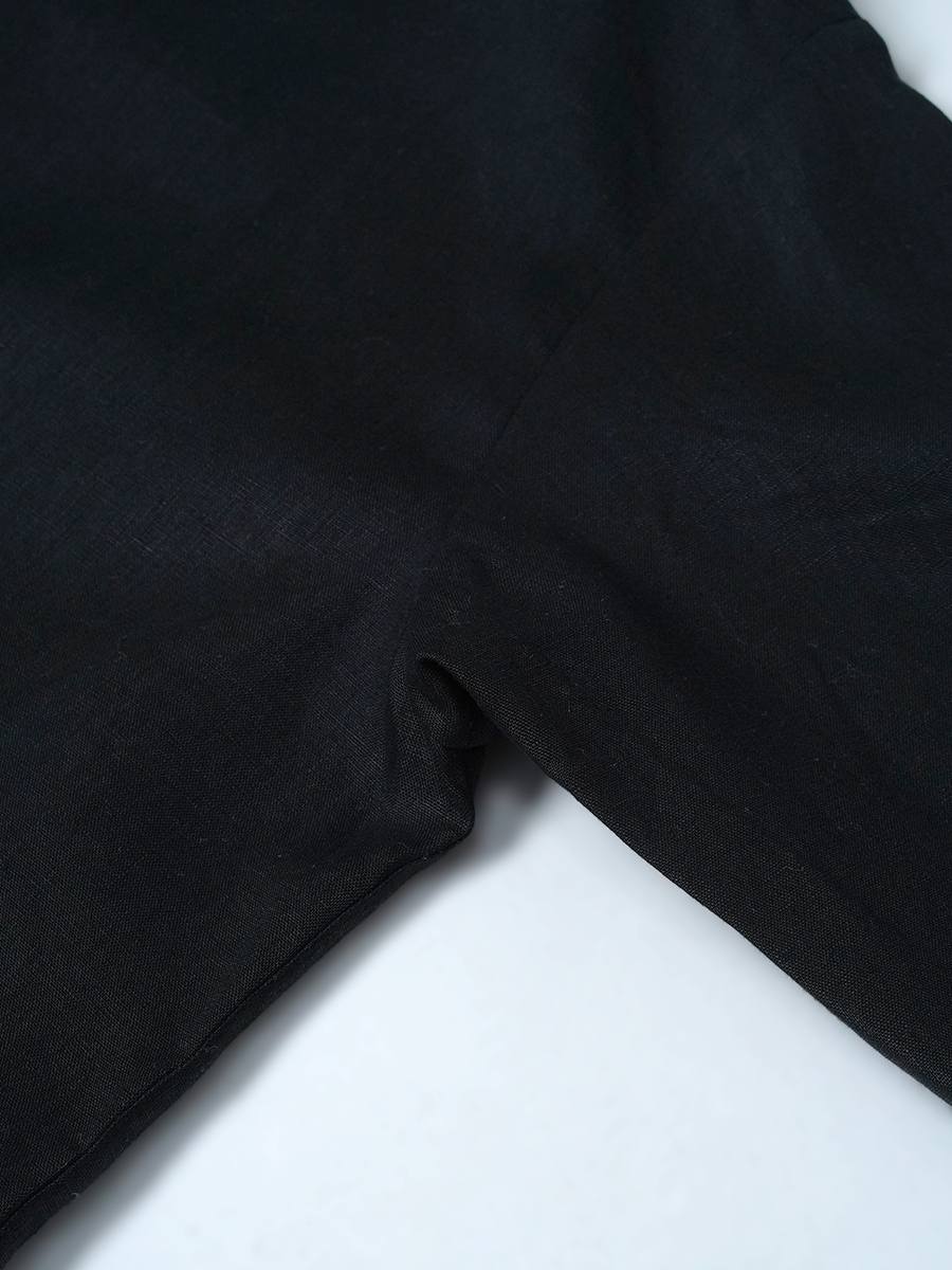 【リユース作品/Mサイズ】リネントップス 丸首 長袖 裾ラウンド / 黒色 sample-a1311