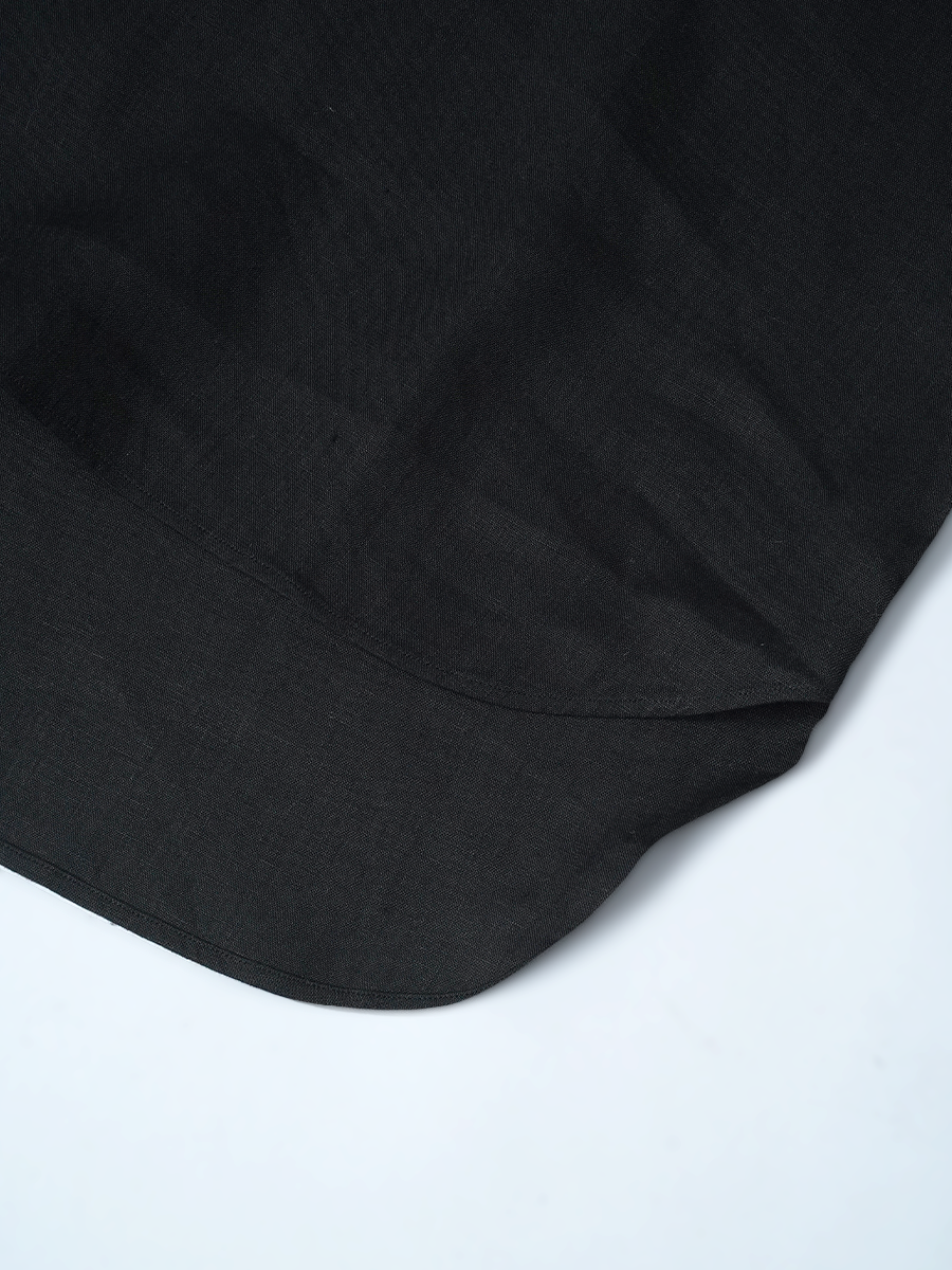 【リユース作品/Mサイズ】リネントップス 丸首 長袖 裾ラウンド / 黒色 sample-a1311
