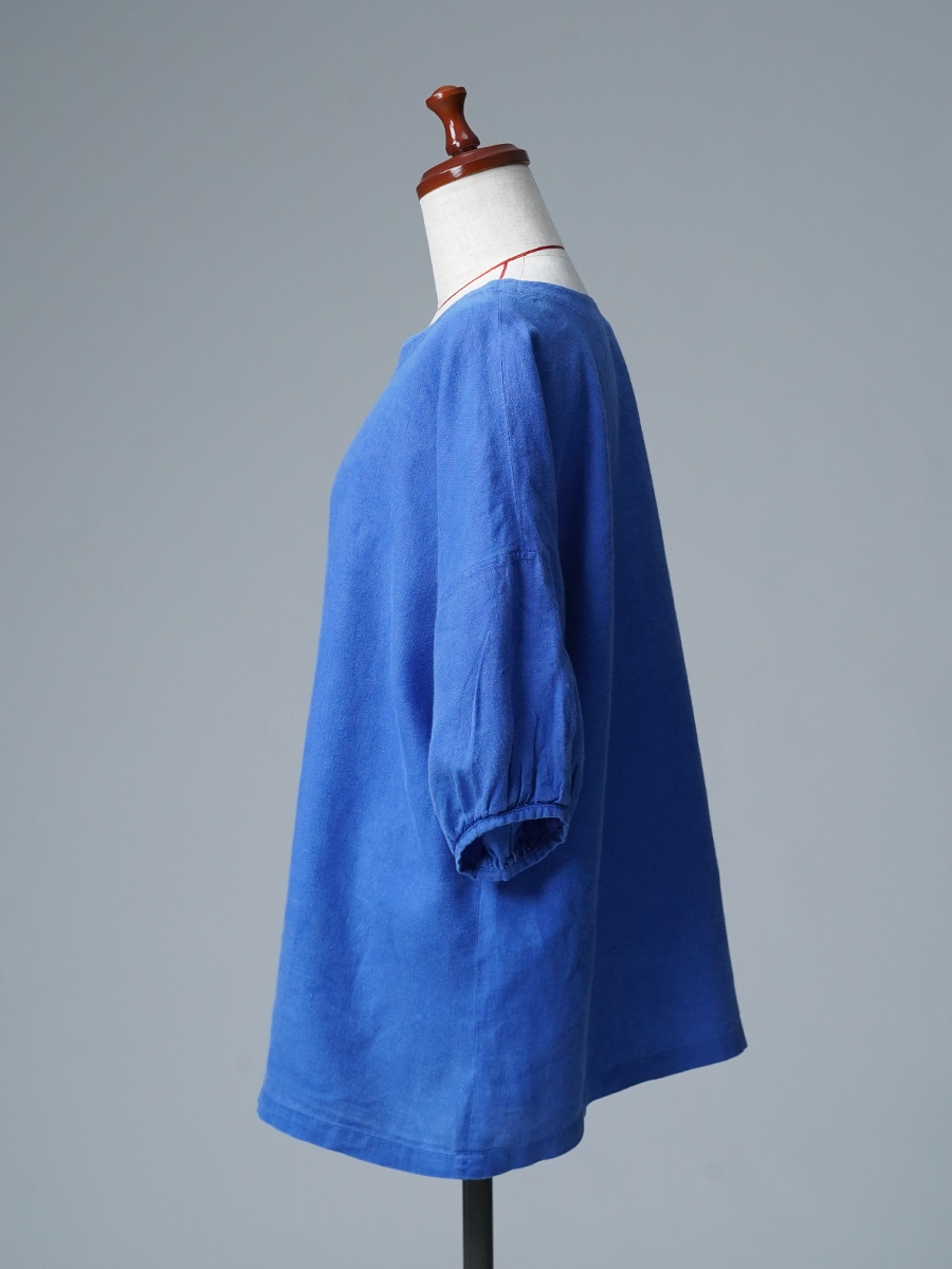 【訳ありリユース作品】リネントップス パフスリーブ 7分袖 ブラウス / シンフォニーブルー sample-a1318