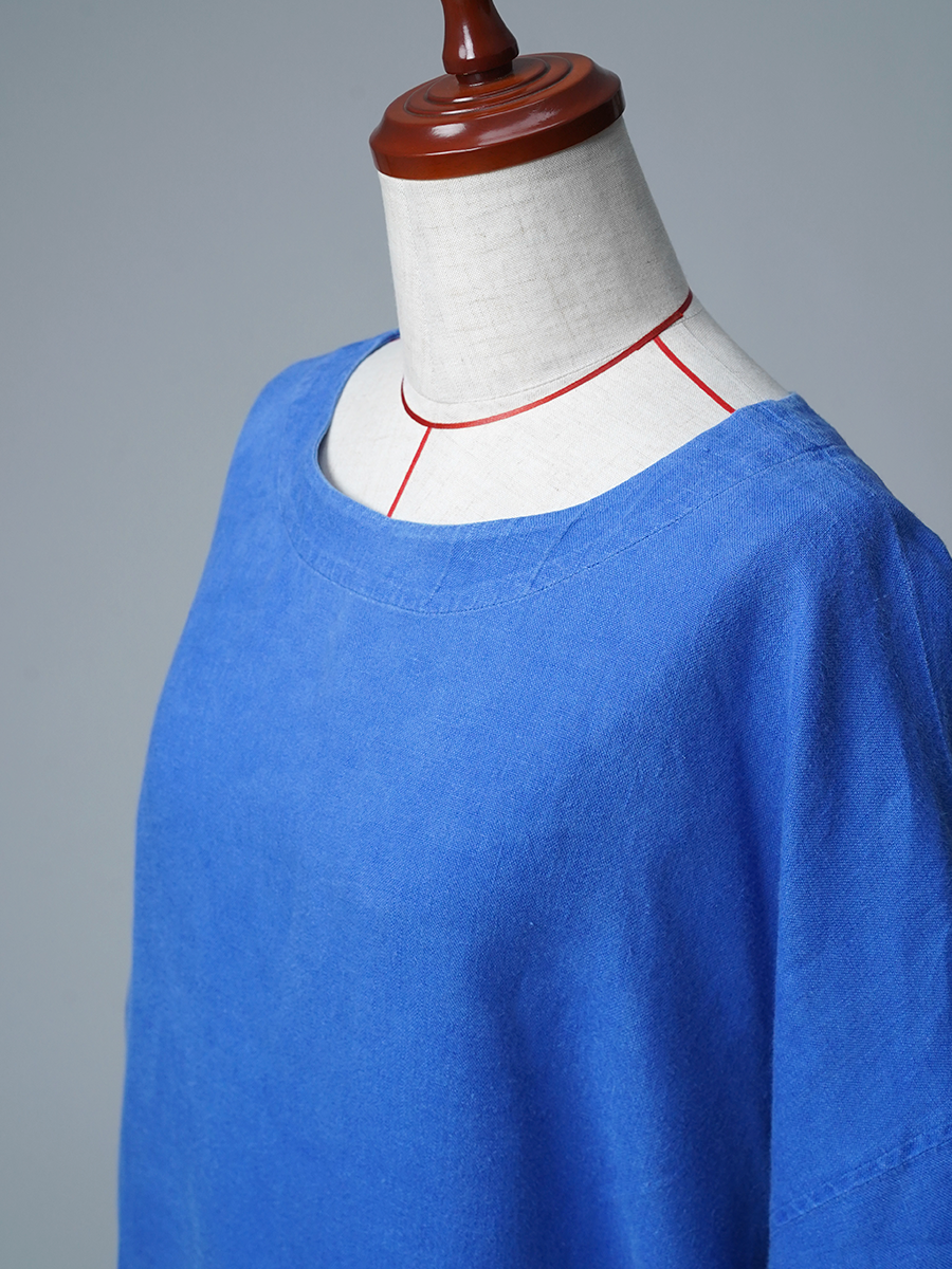 【訳ありリユース作品】リネントップス パフスリーブ 7分袖 ブラウス / シンフォニーブルー sample-a1318