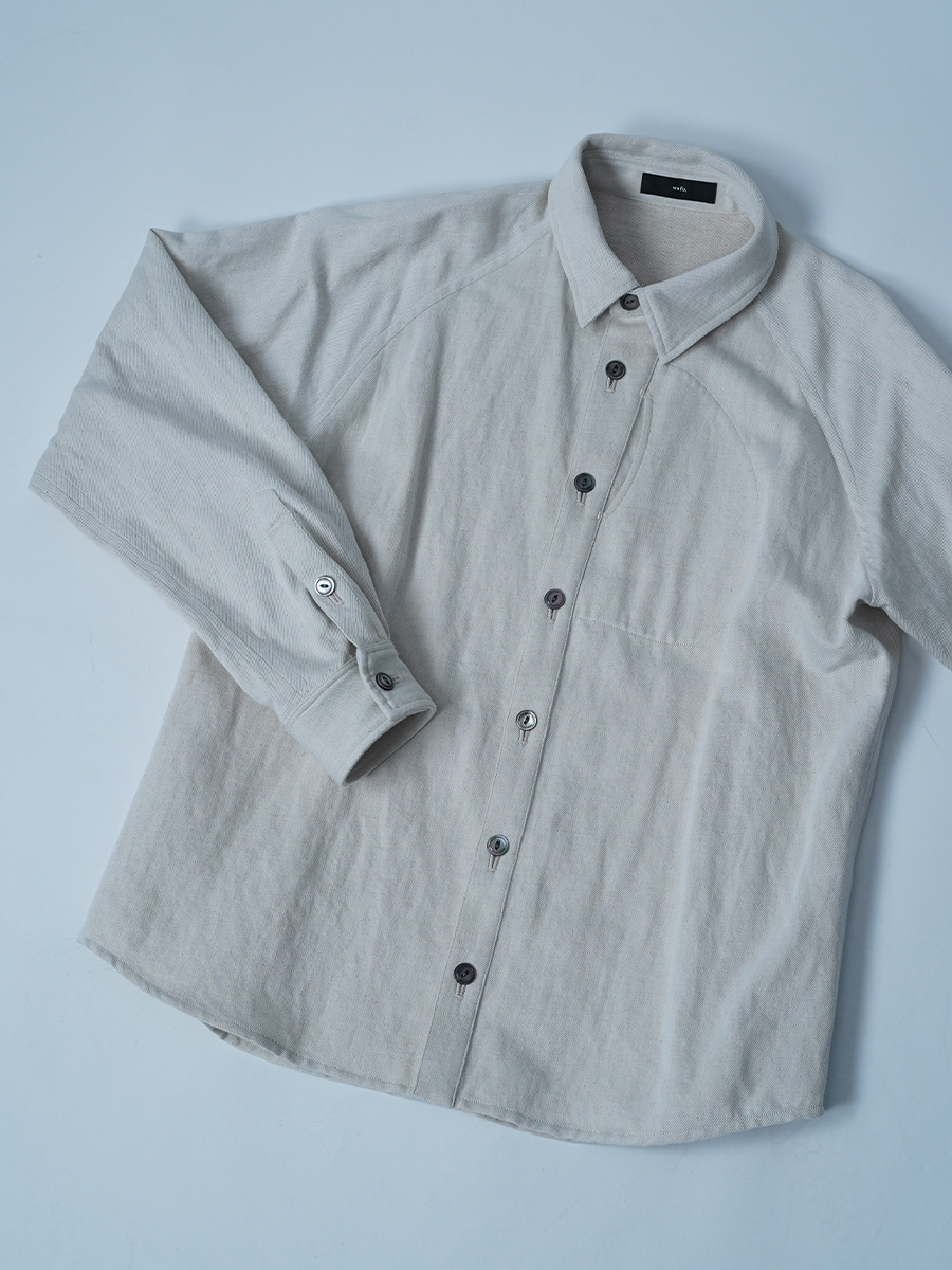 【サンプル作品/Lサイズ】メガネポケット付き リネンデニムデニムシャツ / ナチュラル sample-c0077