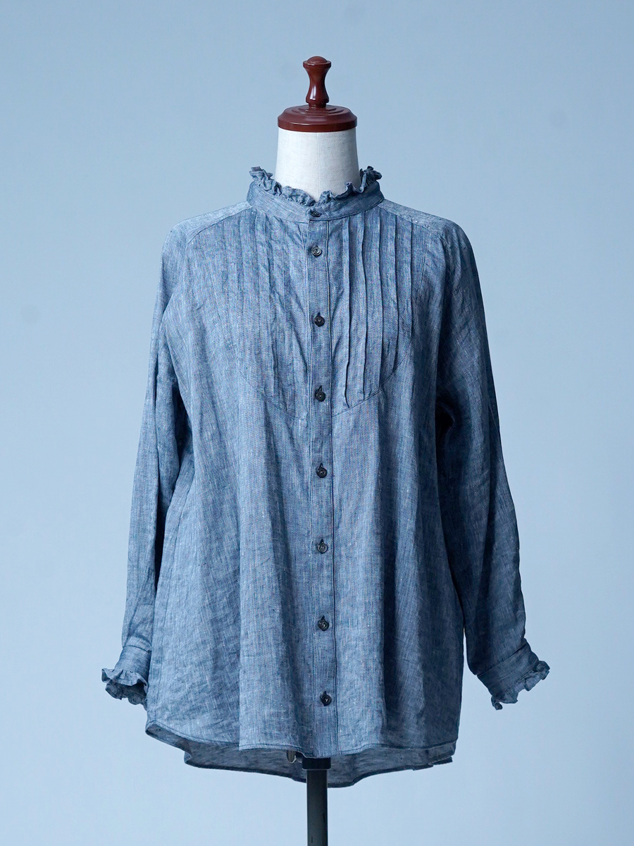 【サンプル作品】ピンタックフリル リネンシャンブレー ブラウス / ネイビー sample-c0124